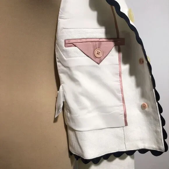 J Crew Linen Jacket Womens 2 White Blue Blazer Ric Rac Trim Career Office - Picture 14 of 15